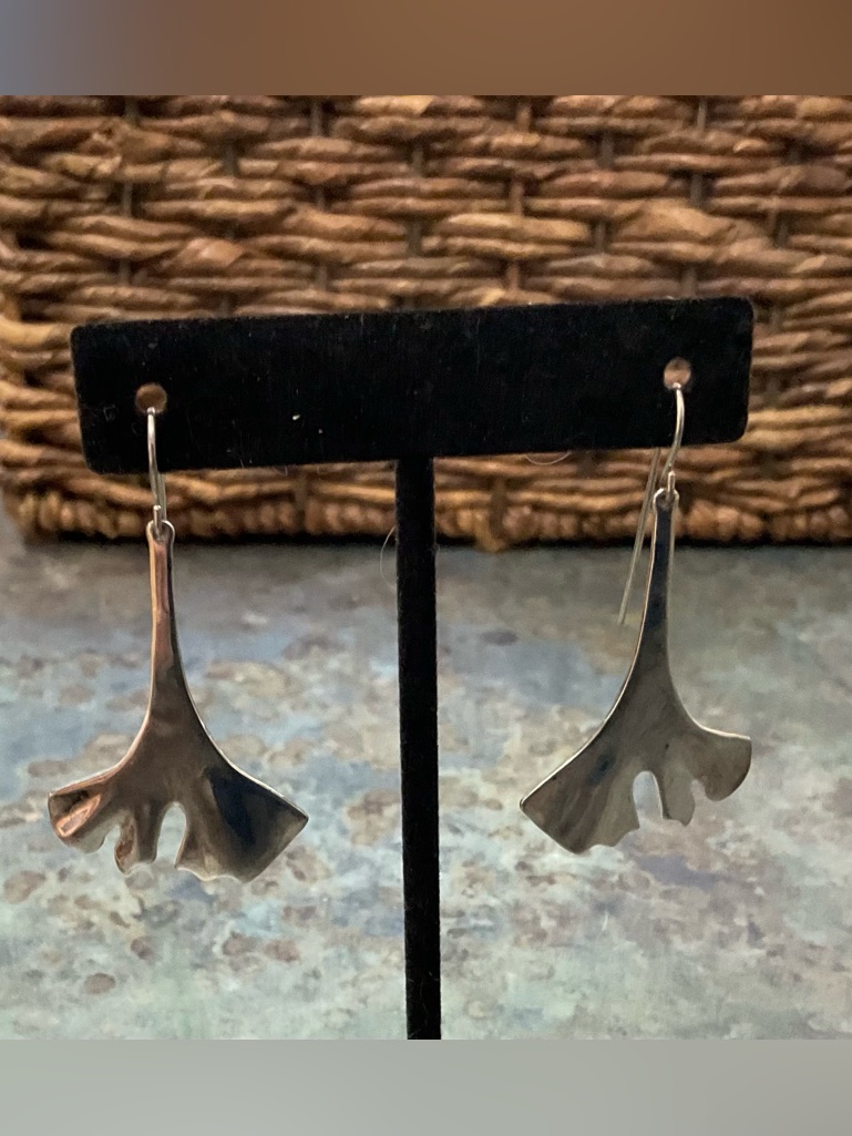 Ginkgo Leaf Drop Earrings - Silver Tone